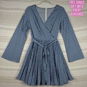 Blue White Polka Dot Long Sleeve Pleated Mini Dress Women’s S NEW